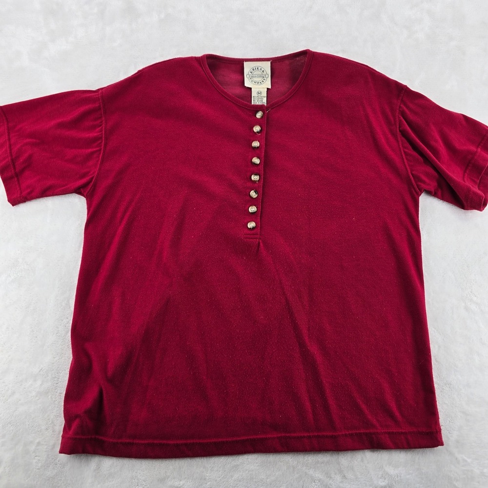 Erika & Company Henley Top Womens Size M Short Sleeve Red Button Front Leisure